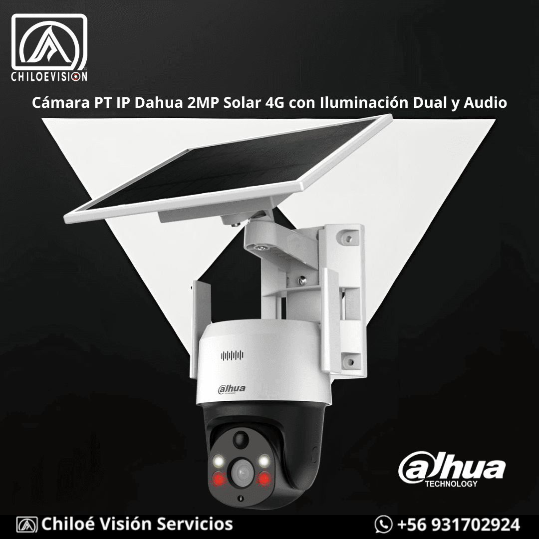 Cámara Dahua 2MP solar con conexión 4G, doble iluminación, audio y giro PT, ideal para zonas rurales de Chiloé sin electricidad ni internet.