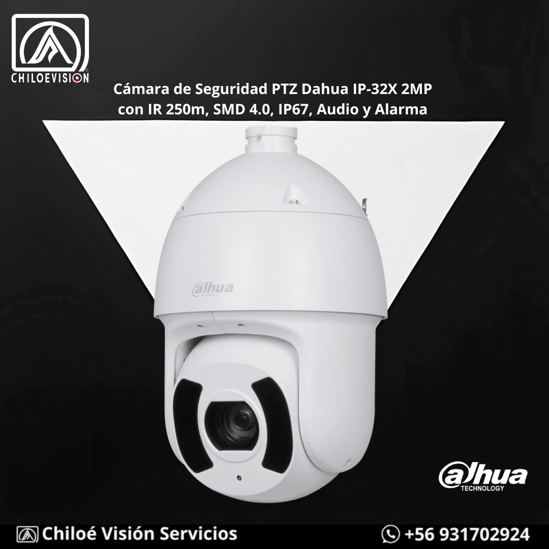 Cámara de Seguridad PTZ Dahua IP-32X 2MP con IR 250m, SMD 4.0, IP67, Audio y Alarma