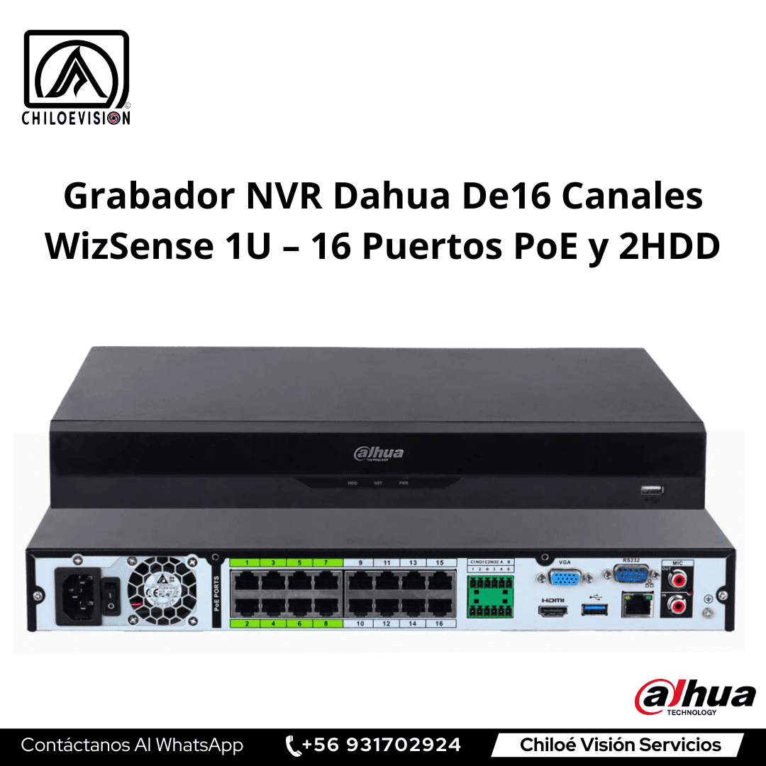 Grabador NVR Dahua De16 Canales WizSense 1U – 16 Puertos PoE y 2HDD