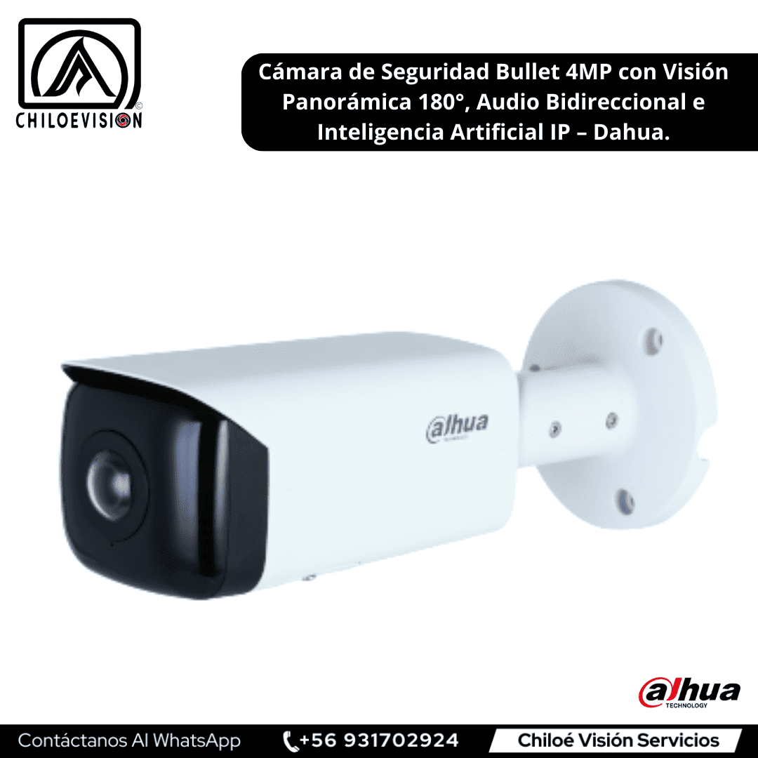 Cámara de Seguridad Bullet 4MP con Visión Panorámica 180°, Audio Bidireccional e Inteligencia Artificial IP – Dahua.