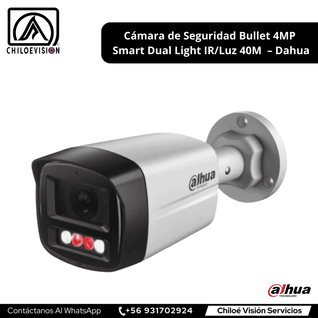 Cámara de Seguridad Bullet 4MP Smart Dual Light IR/Luz 40M con Micrófono y Protección IP67 – Dahua